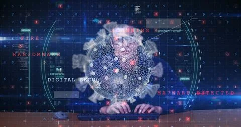 Analyzing digital threats, cybersecurity expert on computer with virus graphics Stock Illustration