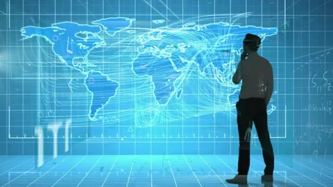 Analyzing digital world map, person working on animation in tech-focused school Stock Footage 303564613