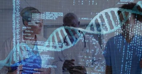 Analyzing DNA with code overlay doctors in lab coat, stethoscope consulting Foto stock