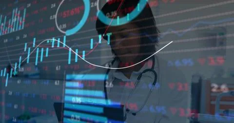 Analyzing doctor interpreting financial data overlay in clinic, with tablet Stock Photos