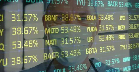 Analyzing doctor viewing codes on digital screen in hospital, with surgical mask Stock Photos