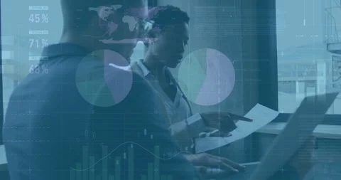 Analyzing documents, business professionals with data processing animation in Stock Footage 306243145