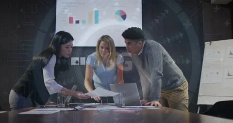 Analyzing documents with data processing animation, business team in conference Stock Footage 303676533