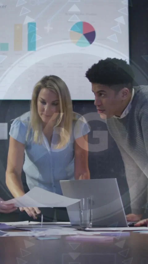 Analyzing documents with data processing animation, business team in conference Stock Footage 319811657