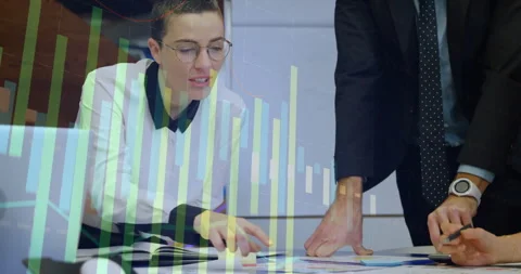 Analyzing documents with financial data animation, business people in office Stock Footage 304019485