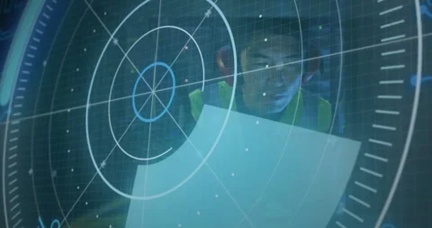 Analyzing documents, person with radar screen animation in background Stock Footage 303685816