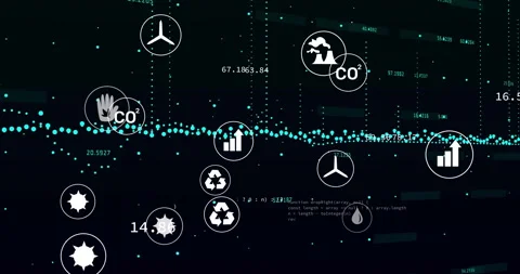 Analyzing environmental data with animation icons for CO2, recycling, and energy Stock Footage 306217445