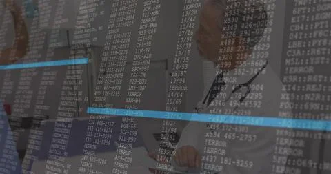 Analyzing error logs doctors viewing digital display in office with tablet, Stock Photos