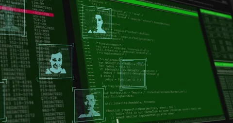 Analyzing faces, animation of facial recognition software with green code Stock Footage 305729378
