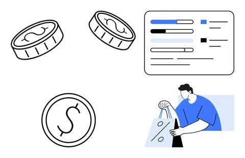 Analyzing Financial Data and Online Shopping Trends with Coins and Graphs 스톡 일러스트