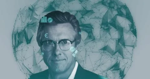 Analyzing financial data and trends, businessman with digital interface overlay 스톡 일러스트