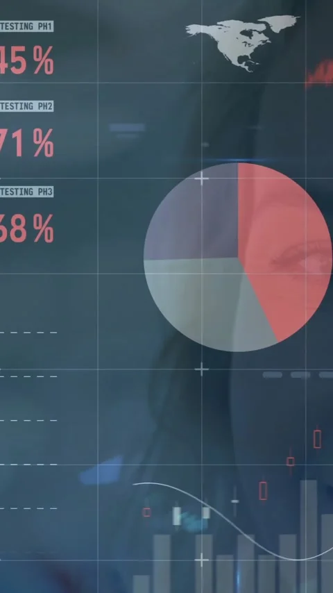 Analyzing financial data animation over smiling businesswoman's face in office Stock Footage 342015742