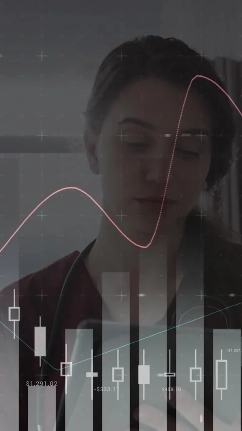 Analyzing financial data animation over woman using tablet in office Stock Footage 342997345