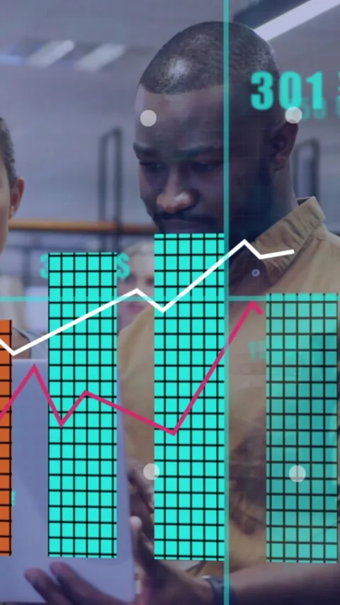 Analyzing financial data animation over diverse business people in office Stock Footage 344693904