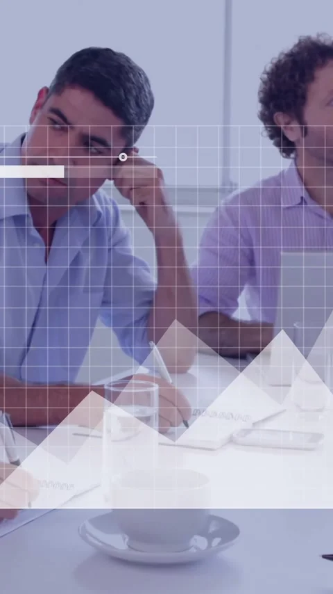 Analyzing financial data animation over business meeting in modern office Stock Footage 344775266