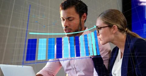 Analyzing financial data, business professionals with bar charts and graphs over Stock Illustration