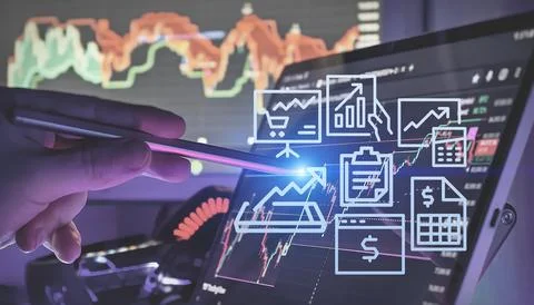 Analyzing Financial Data on Digital Dashboard Stock Photos