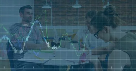 Analyzing financial data, three professionals collaborating in conference room, Stockfoto's