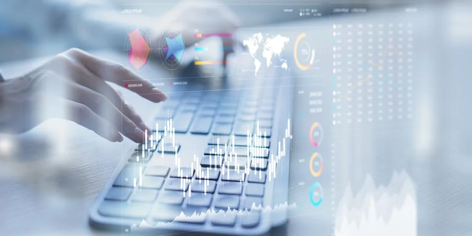 Analyzing Financial Data Trends with Interactive Digital Visualization Tools. Stock Photos