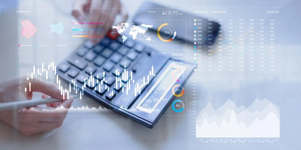 Analyzing Financial Data Trends with Interactive Digital Visualization Tools. Stock Photos