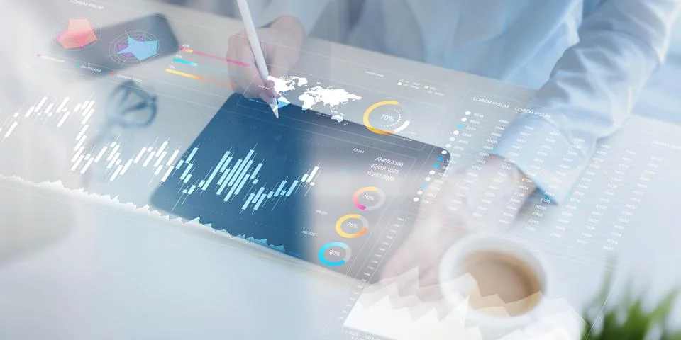 Analyzing Financial Data Trends with Interactive Digital Visualization Tools. Stock Photos