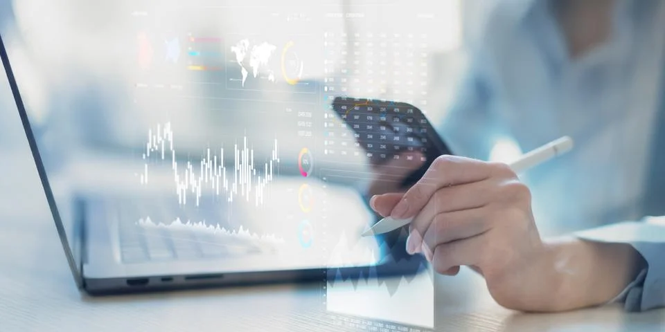 Analyzing Financial Data Trends with Interactive Digital Visualization Tools. Stock Photos