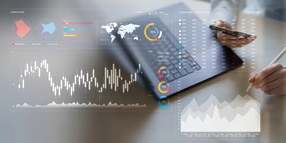 Analyzing Financial Data Trends with Interactive Digital Visualization Tools. Stock Photos