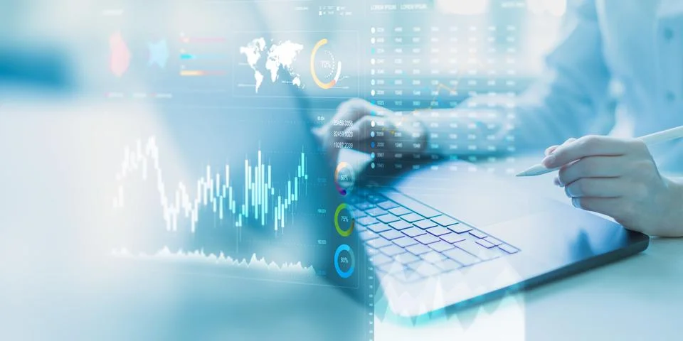 Analyzing Financial Data Trends with Interactive Digital Visualization Tools. Stock Photos