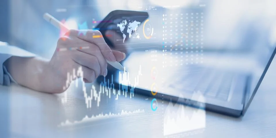 Analyzing Financial Data Trends with Interactive Digital Visualization Tools. Stock Photos