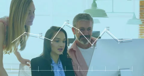 Analyzing financial graph data, business team in office using computer screen Stock Footage 304078942