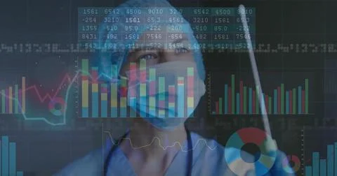 Analyzing floating data charts, nurse wearing scrubs gripping IV bag pole in Stock Photos