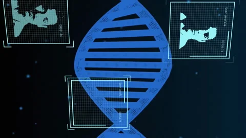 Analyzing genetic data, DNA strand with digital portraits in animation Stock Footage 314144076
