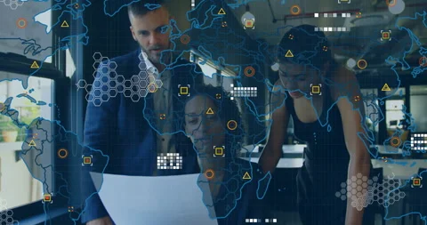 Analyzing global data with digital map overlay, business professionals in office 스톡 동영상 303942689