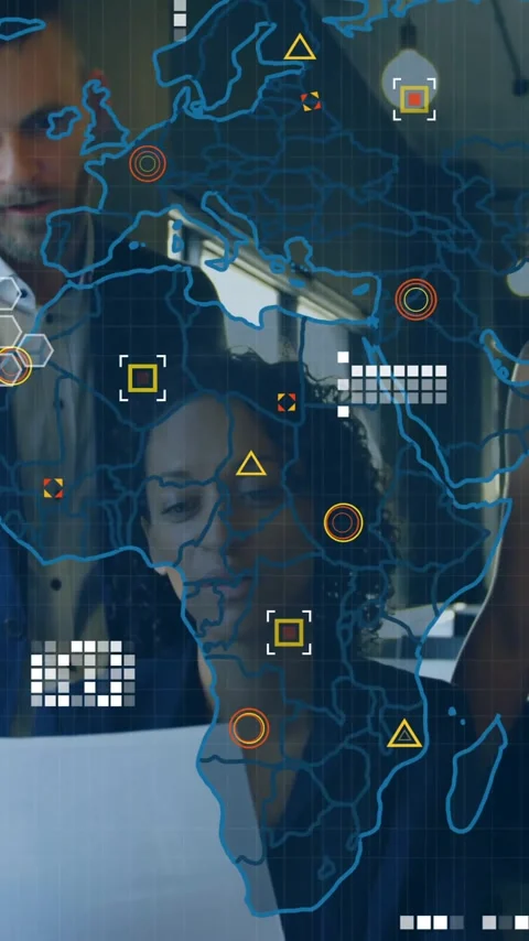 Analyzing global data with digital map overlay, business professionals in office Stock Footage 319727378