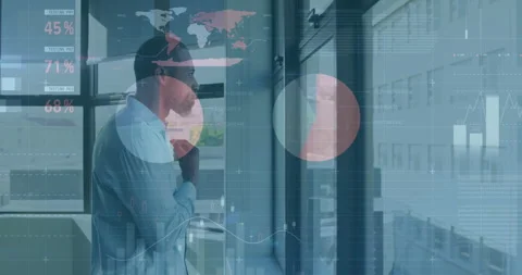 Analyzing global statistics animation, businessman reviewing data visualization Stock Footage 303647990