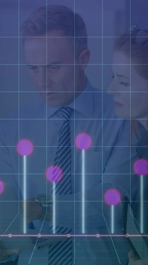 Analyzing graph data with pink dots overlay, business professionals in meeting Stock Footage 319727623