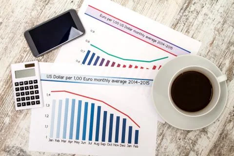 Analyzing graphics with evolution exchange rate euro dollar Stock Photos