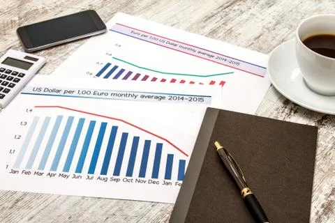 Analyzing graphics with evolution exchange rate euro dollar Stock Photos