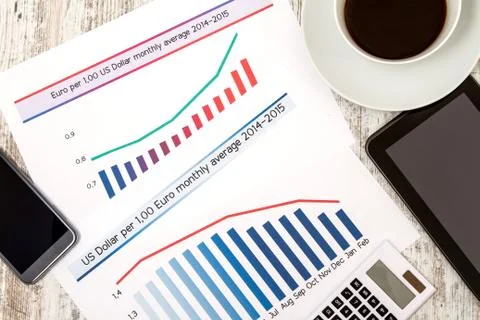 Analyzing graphics with evolution exchange rate euro dollar 스톡 사진
