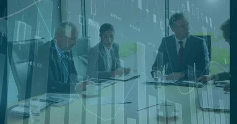 Analyzing group of five professionals wearing suits in modern meeting room, w Stock Photos