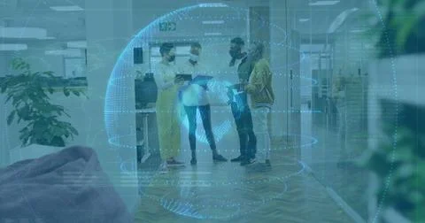 Analyzing hologram data sphere by masked office team in modern office hallway, Stock Photos