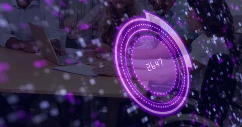 Analyzing holographic data circle, four professionals collaborating at office Stock Photos