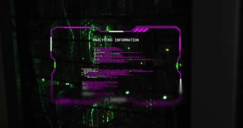 Analyzing information text image over green and black digital matrix background Stockfoto's