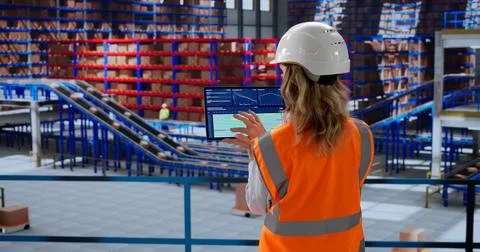 Analyzing Inventory Data On Tablet Dashboard In Warehouse Automation Center Stock Photos
