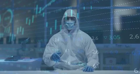 Analyzing lab technician in white PPE suit using probe at white work surface, Stock Photos