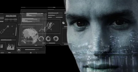 Analyzing male interpreting data in lab with holographic charts and skyline, 스톡 사진
