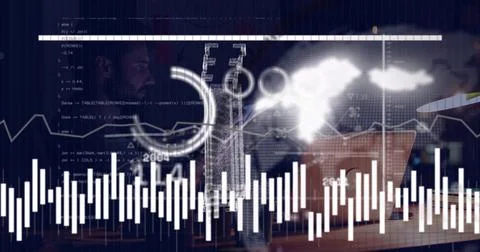 Analyzing man in dark sweater leaning over laptop at desk, with waveform charts, Stock Photos