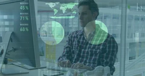 Analyzing man reviewing data visualizations at desk in modern office, with LED Stock Photos