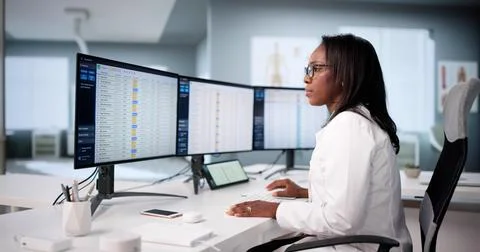 Analyzing Medical Coding Audit Reports On African American Doctor's Office Co Stock Photos