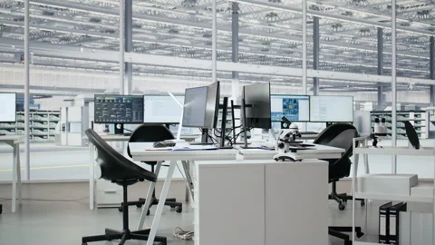 Analyzing microchip architecture systems, computers and empty engineering office 動画素材 335880682